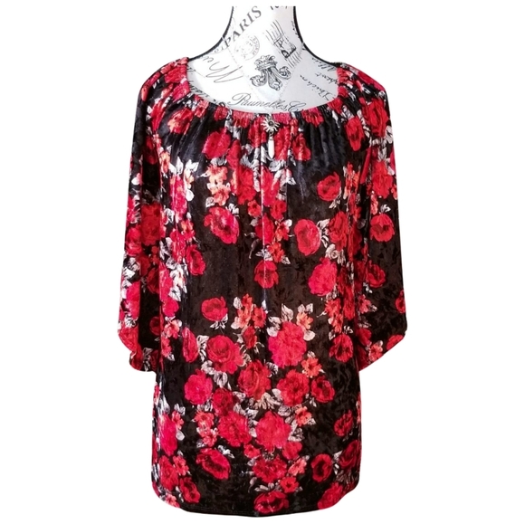 Black and Red Roses Floral velvet top Off Shoulder 3XL - Picture 2 of 6